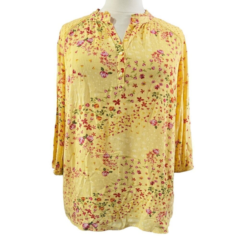 Torrid Yellow Floral Crinkle Gauze Henley Blouse Prairie Romantic Bloomcore